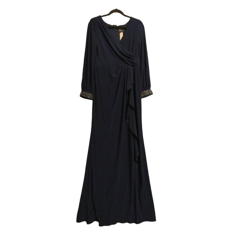 Adrianna Papell Womens Draped Jersey Beaded Gown Dress Blue Stretch Maxi 10 New